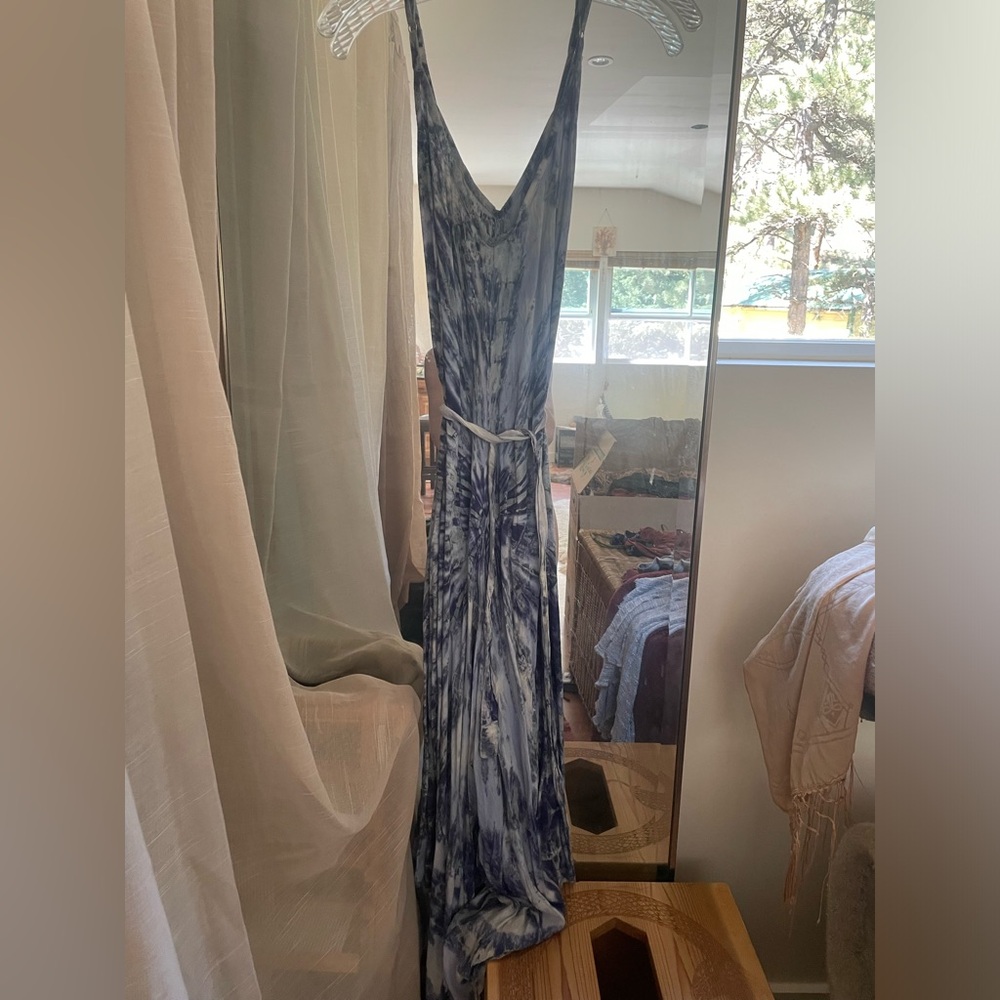 Blue tie dye jumpsuit with waist tie